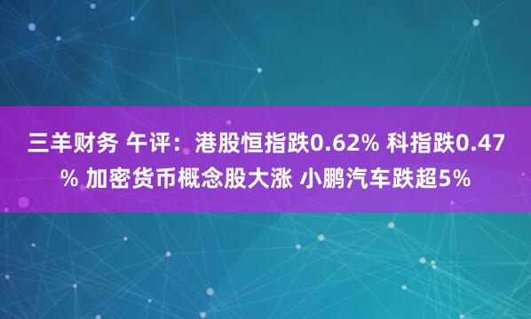 三羊财务 午评：港股恒指跌0.62% 科指跌0.47% 加密货币概念股大涨 小鹏汽车跌超5%